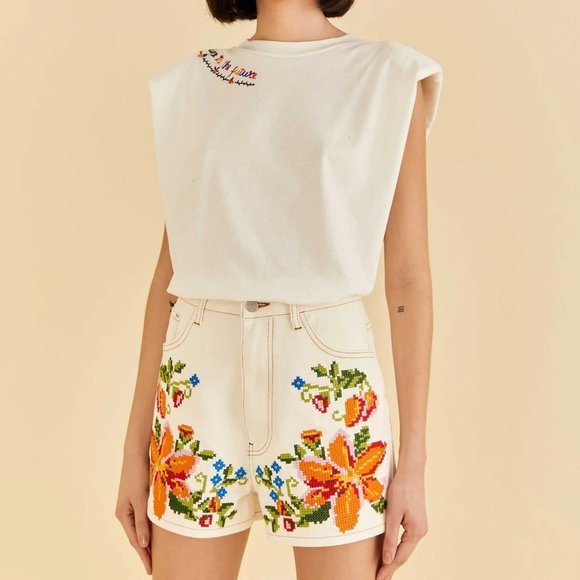 NWT Farm Rio Embroidered Floral Twill Shorts Size:L *RARE* - Picture 4 of 12